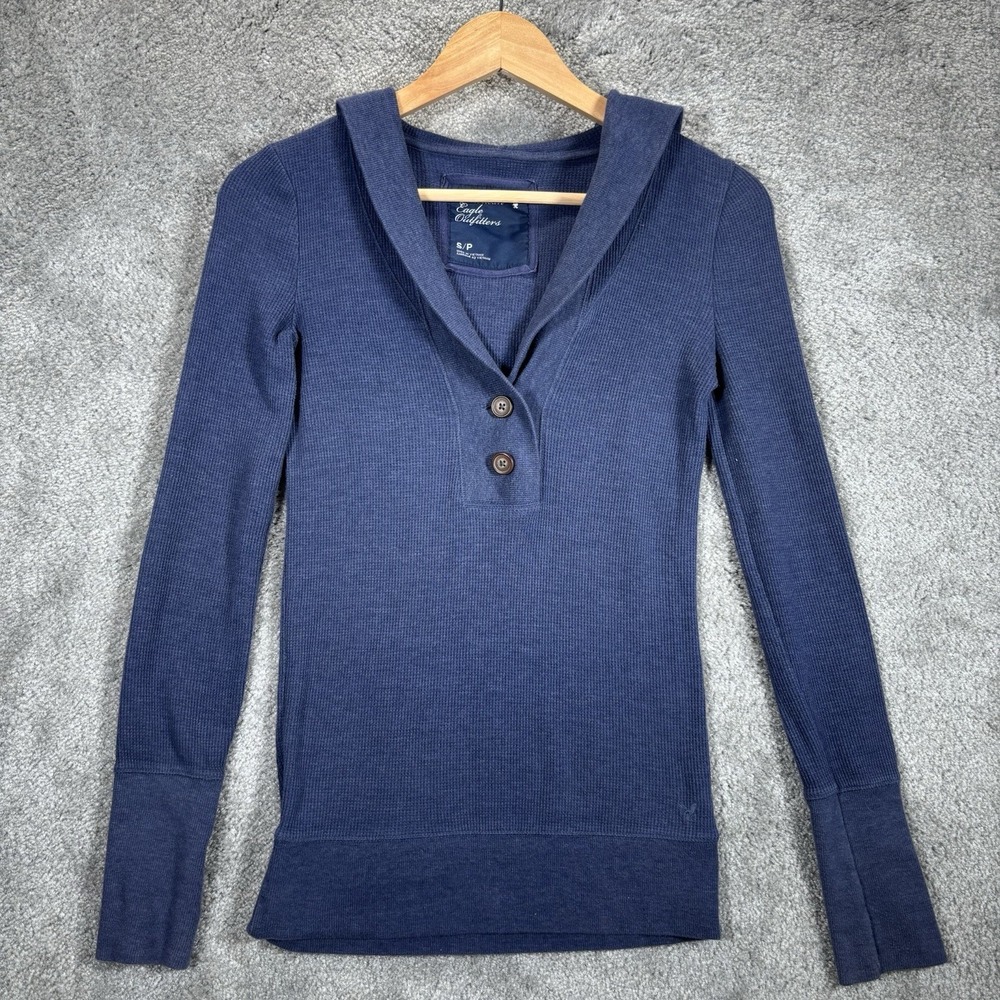American Eagle Hooded Henley Top Womens S Blue Waffle Knit Thermal Stretch Y2K